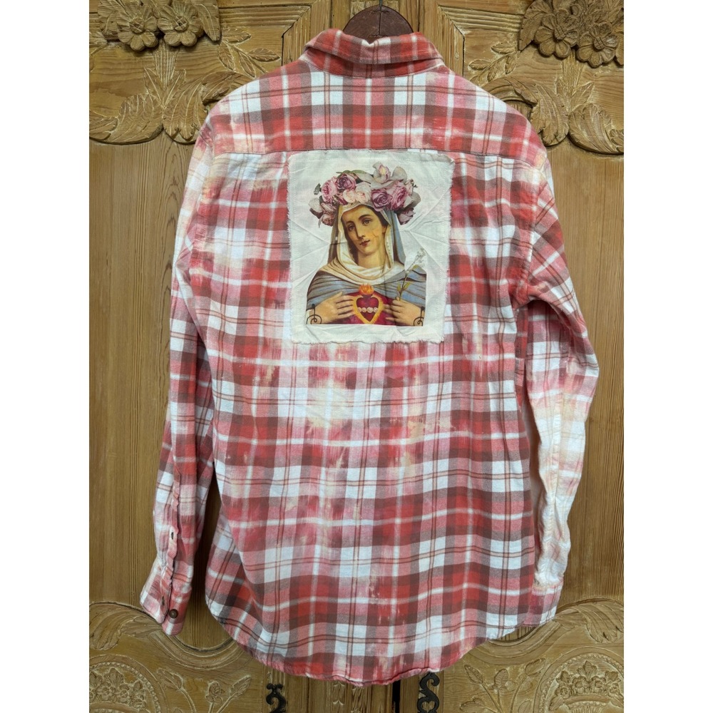 Sacred Heart Mary Flannel Small Upcycled Cotton Shirt Boho Folk Art - Picture 6 of 9
